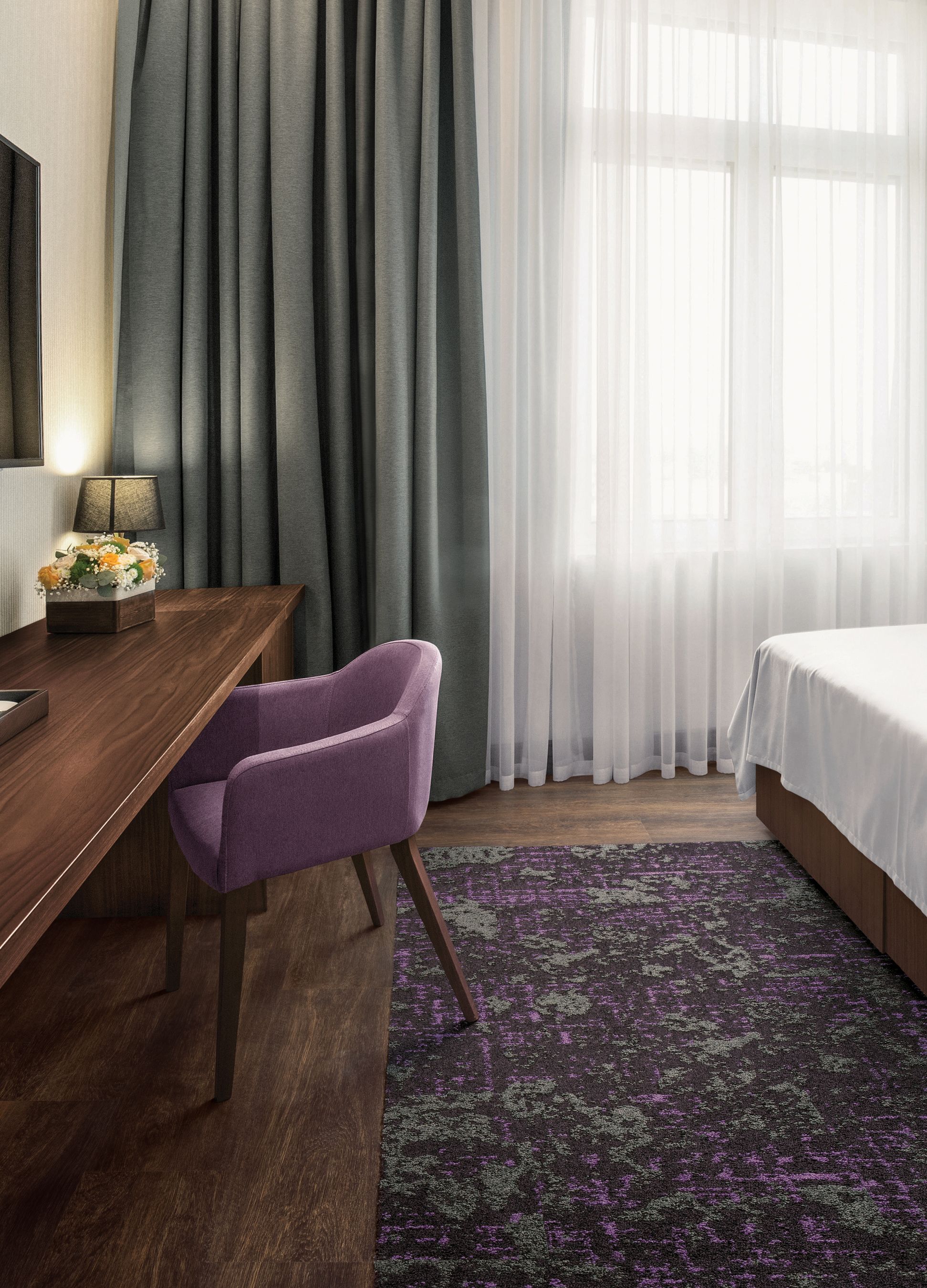 Interface Head in the Clouds carpet tile in hotel room with purple chair at desk imagen número 8